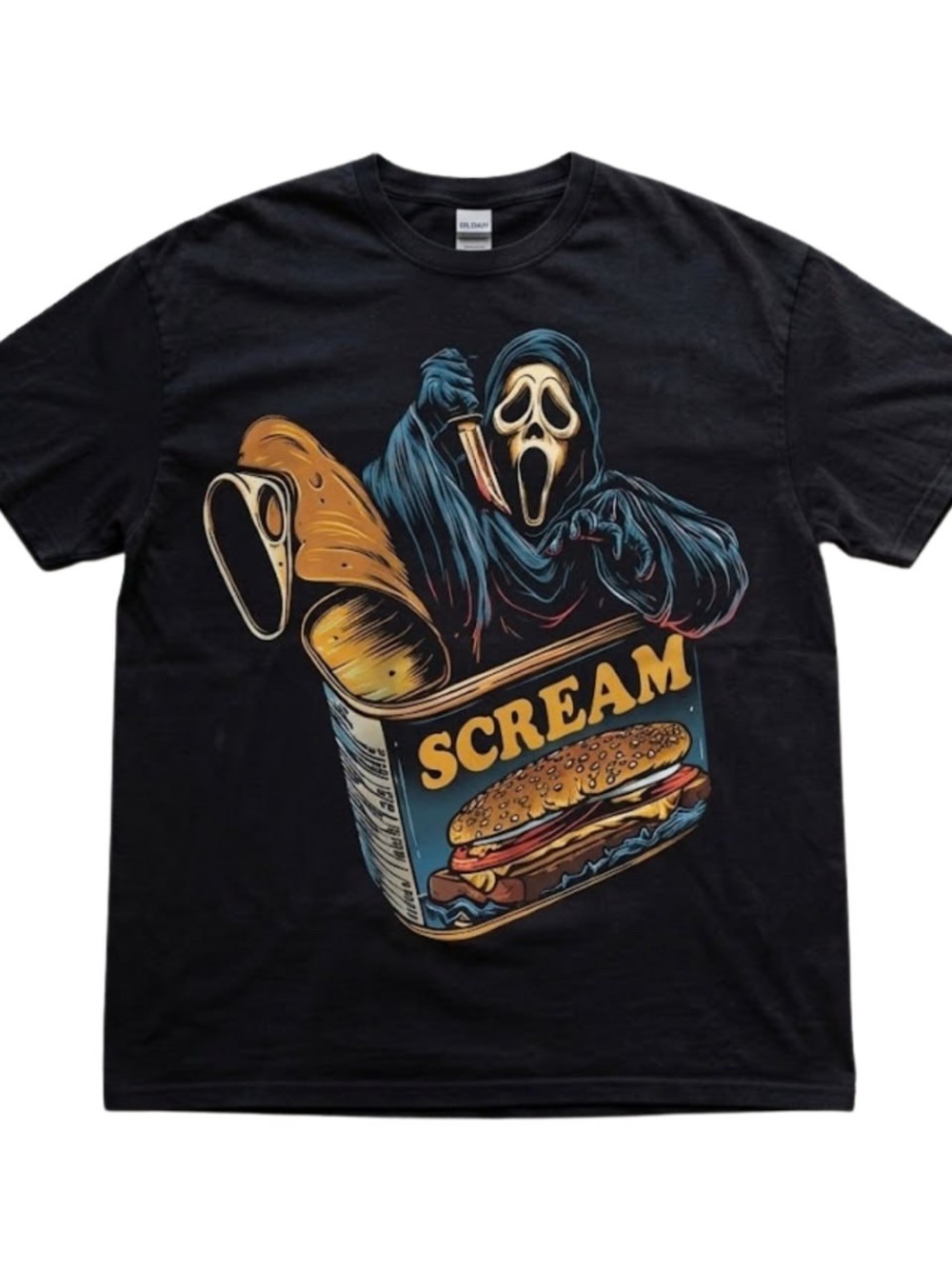 Gildan Black Short Sleeve Tee with Scream & Retro Burger Graphic
